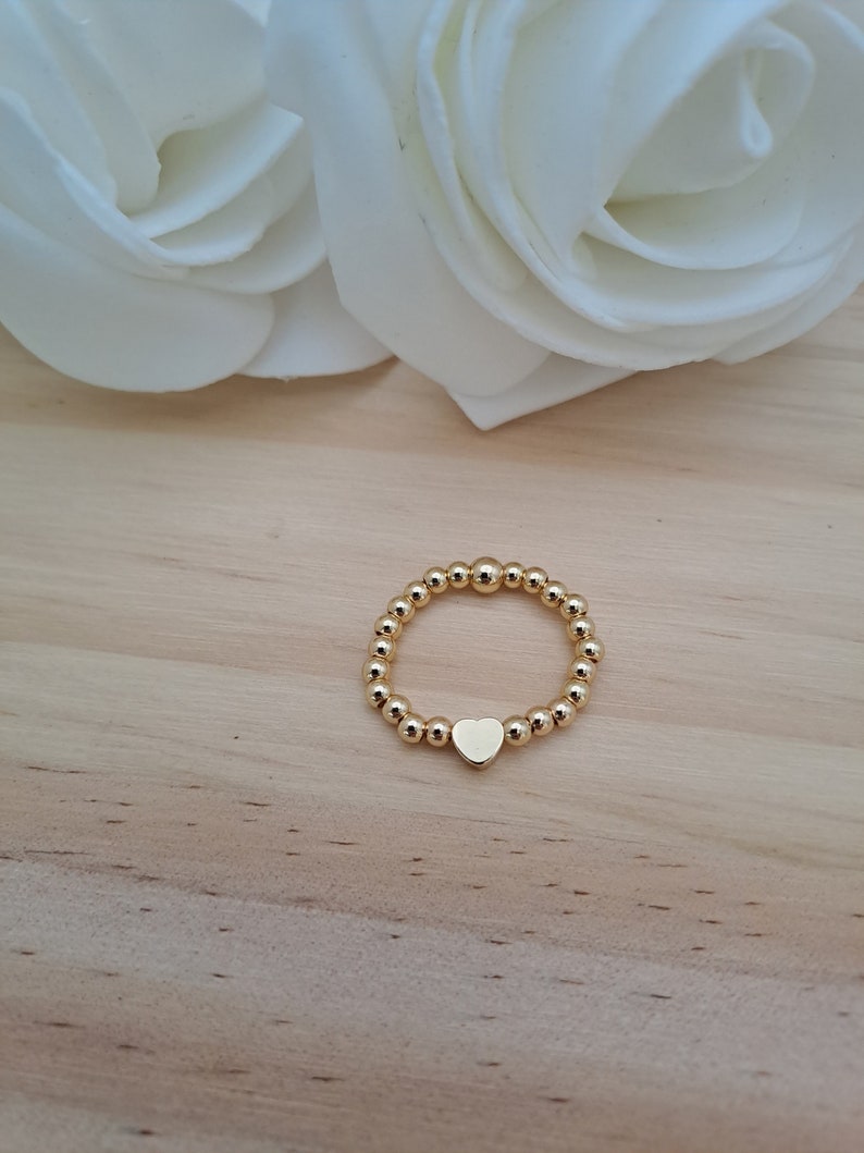 Mini heart bead ring, gold plated beaded ring, stretch ring, stacking ring image 1