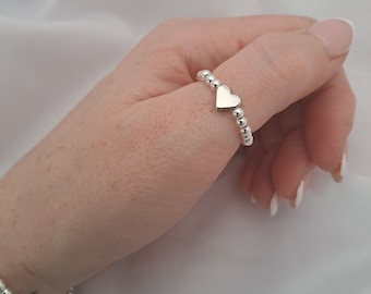 Silver beaded heart ring, stretch ring, stacking ring, silver plated ring