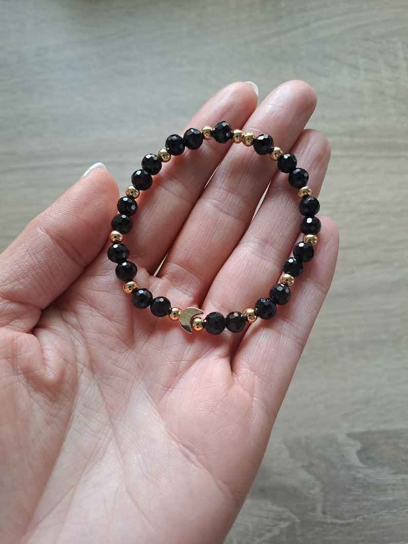 Moon charm bracelet, black and gold beaded bracelet zdjęcie 3