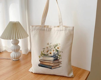 Tote Bag Pile de Livres de Printemps, sac de romans, idée cadeau, sac fourre tout. Taille S