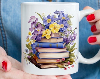 Spring Books mug, coffee or tea cup, nature, flowers, gift idea