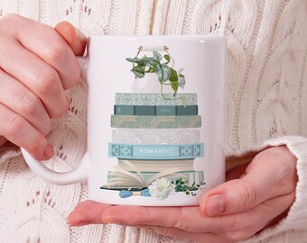 Romantic Book Stack Mug, Coffee or Tea Cup, Nature, Flowers, Gift Idea