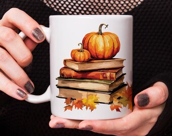 Pumpkin Books Mug, Coffee or Tea Cup, Nature, Autumn Gift Idea