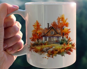 Mug Cottage d'Automne, tasse à café ou thé, nature, idée cadeau