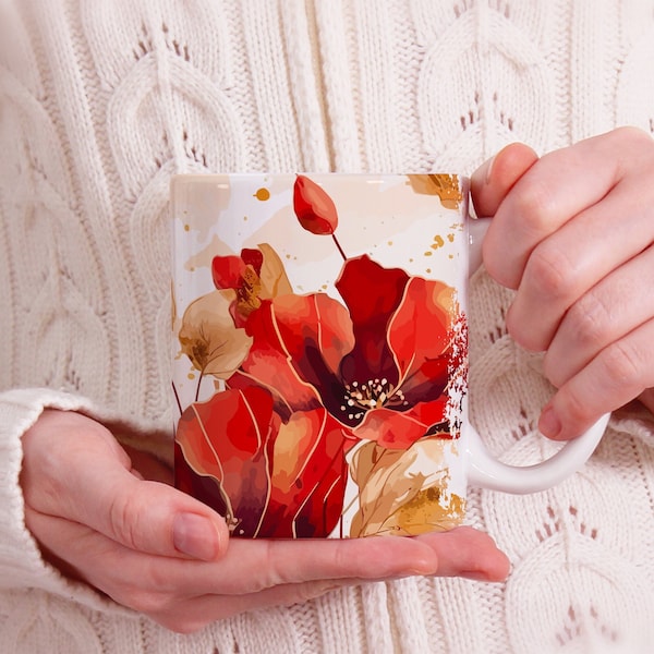 Mug Fleurs  Rouges, tasse à café ou thé, nature, idée cadeau