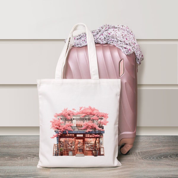 Tote Bag Bookstore Sakura, sac de livres, idée cadeau, sac fourre tout. Taille S