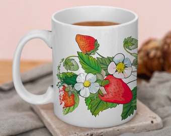 Mug Strawberries, tasse à café ou thé, nature, fleurs, idée cadeau