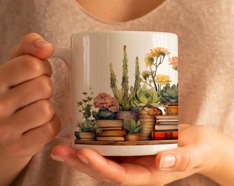 Mug Bibliothèque de printemps, tasse à café ou thé, nature, fleurs, idée cadeau