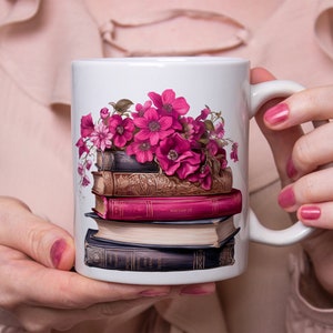 Mug Pile de Livres de Printemps, tasse à café ou thé, nature, fleurs, idée cadeau image 1