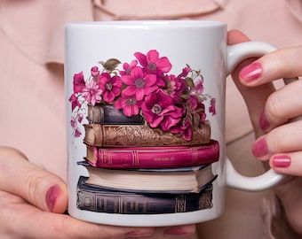 Taza de pila de libros de primavera, taza de café o té, naturaleza, flores, idea de regalo