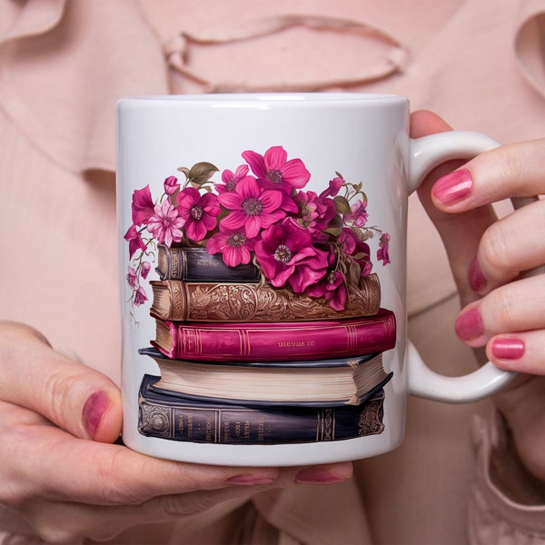 Mug Pile de Livres de Printemps, tasse à café ou thé, nature, fleurs, idée cadeau