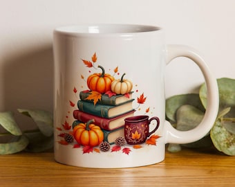 Autumn Book Stack Mug, coffee or tea cup, nature, gift idea