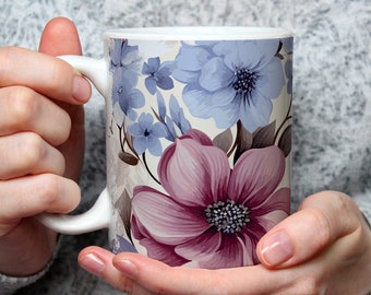 Mug Purple Flowers, tasse à café ou thé, nature, fleurs, idée cadeau
