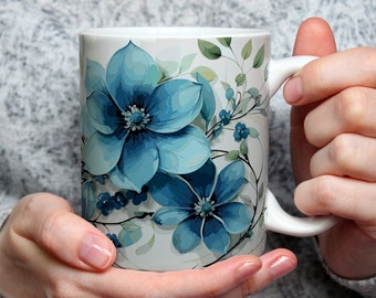 Mug Fleurs Bleues, tasse à café ou thé, nature, fleurs, idée cadeau