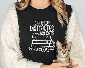 Easily Distracted By Cats And Books T-Shirt | Cute Cat Shirt | Shirt For Cat Lovers | Gift For Book Lovers | Bookworm Shirt | Reader's Gift