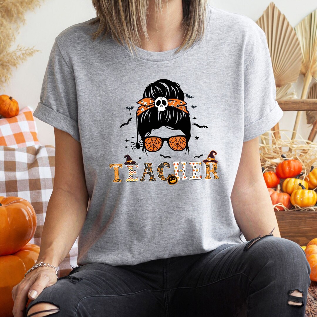 Halloween Tshirt for Teachers Retro Messy Bun Themed Shirt Perfect for