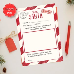 Carta de Papá Noel imprimible para niños Carta de Papá Noel imprimible Actividad navideña para niños Lista de deseos de Navidad para Papá Noel Lista de deseos imprimible para niños