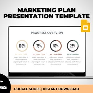 Op de afbeelding: Een Google Slides-presentatie sjabloon voor een marketingplan. Het sjabloon bevat een voortgangs overzicht met vier cirkelvormige voortgangsbalken die 100%, 75%, 50% en 25% voltooiing laten zien. Elke voortgangsbalk is gelabeld met de tekst "Action Item" en een tijdelijke aanduiding voor tekst die de actie beschrijft.