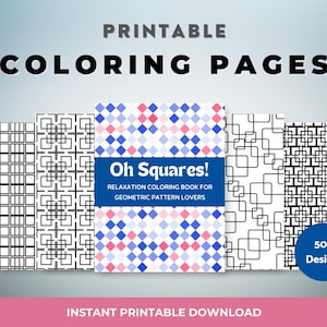 Könnte beinhalten: Druckbare Malvorlagen mit geometrischen Mustern. Der Titel "Oh Squares!" ist auf dem Cover abgebildet. Der Text "Relaxation Coloring Book for Geometric Pattern Lovers" ist ebenfalls enthalten. Das Cover zeigt ein blaues und rosa Diamantenmuster. Der Text "50+ Designs" ist in der unteren rechten Ecke des Bildes zu sehen.