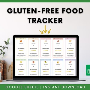 以下が含まれることがあります： グルテンフリーの食品を追跡するためのGoogleスプレッドシートのテンプレートが表示されたラップトップの画面。シートは、パン、シリアル、乳製品、デザート、パスタ、スナック、飲料、肉とタンパク質などのカテゴリに分けられています。各カテゴリには、アイテムの合計数、平均評価、最高評価の製品のセクションがあります。シートのタイトルは「Gluten-Free Food Tracker」で、緑と黄色のカラーテーマになっています。