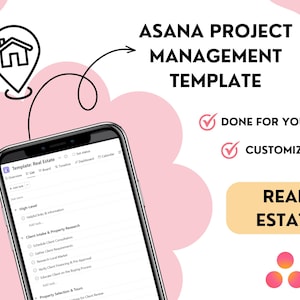 May include: A smartphone displaying a project management template for real estate on the Asana app. The template is titled "Template: Real Estate" and includes sections for "High-Level", "Client Intake & Property Research", and "Property Selection & Tours". The image also includes text that says "Asana Project Management Template", "Done for You", "Customizable", and "Real Estate".