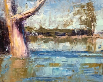 Landscape painting on canvas panel, 6” x 6”