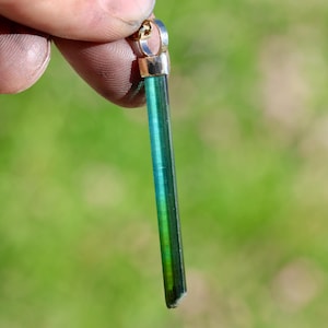 Blue green bicolor slender natural Congo tourmaline pendant, handmade 14k yellow gold cap setting