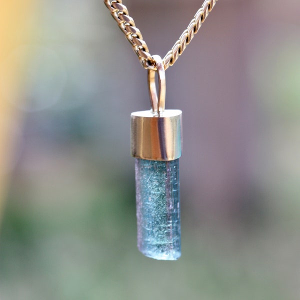 MESMERIZING BLUE-GREEN tourmaline crystal pendant in 14k gold