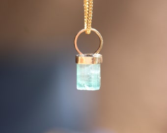 Seafoam Green Tourmaline Pendant – Handmade 14k Yellow Gold Setting