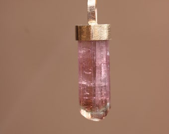 Handmade Natural Rose Pink Paprok Mine Tourmaline Crystal Pendant in 14k Yellow Gold
