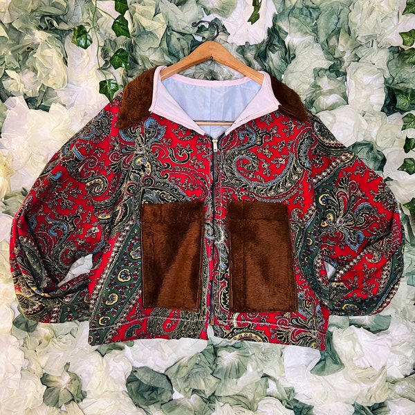 Handmade jacket with fur-Light Handmade jacket-Handmade clothing-Paisley jacket-Paisley print-Unisex jacket-Handmade