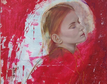 Immersion Totale - Art Mixte sur Toile Femme Fond Rouge Série The VOID 2024 Œuvre Murale Portrait Réalisme