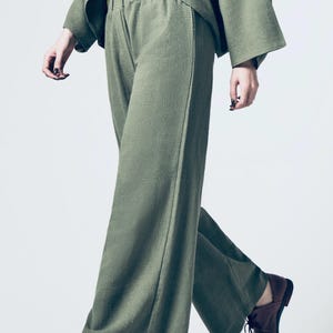 Wide-Leg Cotton Trousers – Relaxed Fit Textured Pants in Olive Green – Eco-Friendly Handmade Loungewear