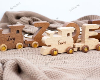 Ensemble de train en bois, jouets de train personnalisés, nom de train alphabet en bois, cadeaux pour enfants, cadeaux de premier Noël, cadeaux d'anniversaire, jouets en bois pour tout-petits