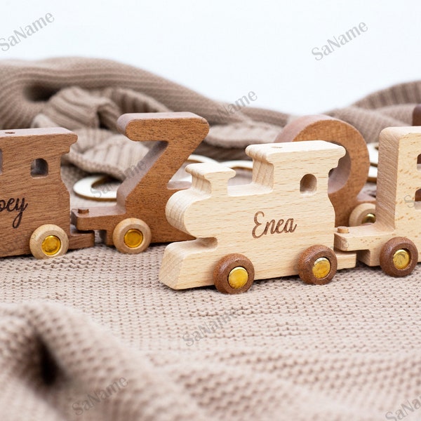 Ensemble de train en bois, jouets de train personnalisés, nom de train alphabet en bois, cadeaux pour enfants, cadeaux de premier Noël, cadeaux d'anniversaire, jouets en bois pour tout-petits