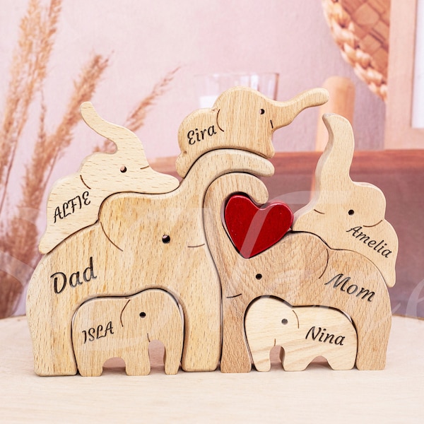 Personalisierte Elefantenfamilie, Holz-Elefanten-Familienpuzzle, 7-köpfige Familie, Wohnkultur, Familiengedenkgeschenke, Geschenke für Familie und Freunde