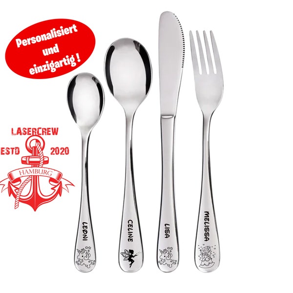 Children's cutlery "Unicorn & Fairies" including personal engraving / 4-piece cutlery set for children as a gift / christening gift / birthday