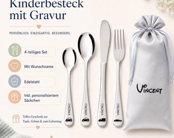 Kinderbesteck mit Gravur Autos, personalisiertes Kinderbesteck 4-teilig, Edelstahl Besteckset mit Name, Geschenk zur Taufe Geburt Geburtstag