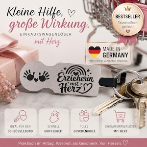 以下が含まれることがあります： 「Erzieherin mit Herz」のドイツ語テキストと虹のデザインが施されたシルバーカラーのキーホルダー。キーホルダーは鍵のセットに取り付けられています。画像には、ショッピングカートとドイツ語のテキストも含まれています。