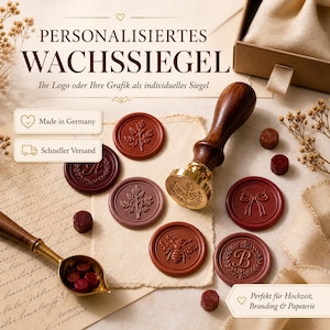 Personalisiertes Wachssiegel mit eigenem Logo | Siegelstempel 20–40 mm mit Holzgriff oder 3D-Griff