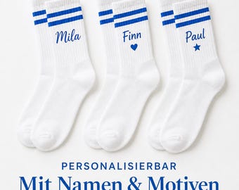 Personalized sports socks with name & design | White tennis socks with colored stripes | Gift for children