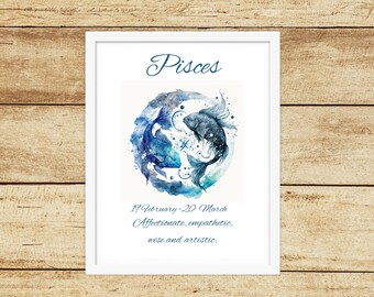 Star sign print, Pisces print, Zodiac print, Birthday print, Horoscope print, Astrology print, Star sign art, Letterbox gift, Pisces art