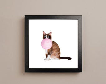 Snowshoe cat print, Cat bubble gum print, Bubble gum art, Snowshoe cat bubble gum art, Animal bubble gum print, Cat picture, Nursery print.