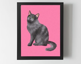 Nebelung Cat print, Cute Nebelung Cat wall art, Cat lovers gift, Colourful linen look animal wall art, Nebelung cat picture.