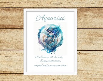 Star sign print, Aquarius print, Zodiac print, Birthday print, Horoscope print, Astrology print, Star sign art, Letterbox gift, Aquarius