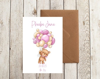 Personalised new baby girl card, Custom made baby girl card, Baby card print, New baby card personalised, Baby girl birth announcement card.