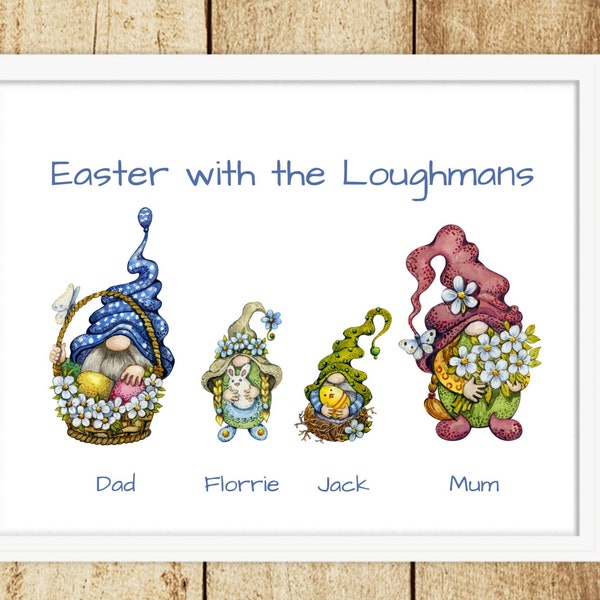 Personalised gnome Easter print, Gnome, Gonk, Easter gonk, Personalised gonk, Easter wall art, Families, Easter gift,