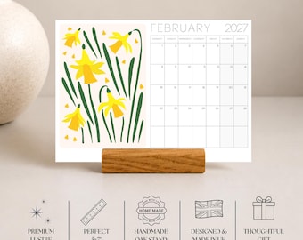 2027 Floral Desk Calendar, Mini Boho Calendar with Wooden Stand,  Monday Start, Christmas Gift for Her,  Stocking Filler