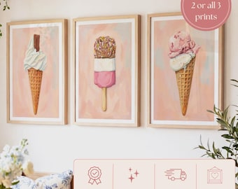 Pink Kitchen Prints, Ice Cream Pictures, Choose 1, 2 or 3 Prints, Retro Pastel Dining Room Prints