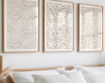 William Morris Wall Art Set of 3, Neutral Botanical Prints, Beige Gallery Wall Decor, Boho Floral Print Set, Cottagecore Bedroom Art